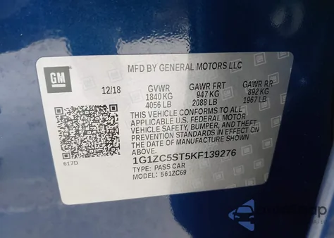 2019 Chevrolet Malibu 1Fl z USA, uszkodzony, nr VIN 1G1ZC5ST5KF139276